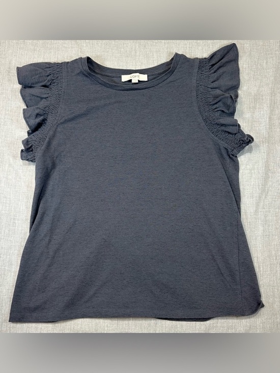 LOFT Tops - LOFT Navy Ruffle Sleeve Knit Tee